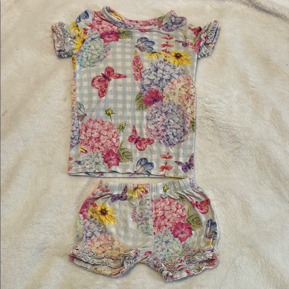 Posh Peanut 12-18 month Short Pajama Set in Blue Gingham with Floral